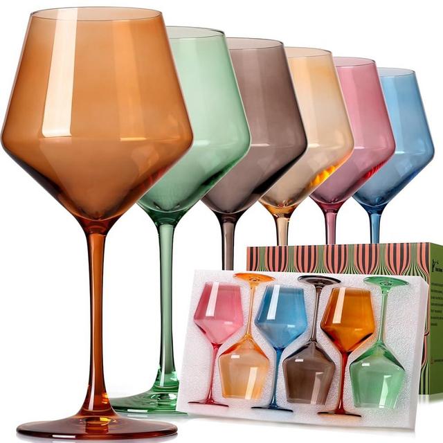 ELERGIFTS Hand Blown Colored Wine Glasses Set of 6-18oz Crystal Colorful Wine Glasses with Stem-Muticolor Wine Glass Christmas/Birthday gifts set for wine lovers