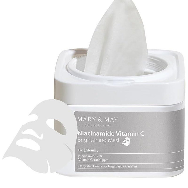 Mary&May Niacinamide Vitamin C Mask (30 Sheets) - Korean Face Mask for Glowing Skin - Daily Sheet Mask for Dark Spots & Dullness - Fragrance-Free, 13.52 fl.oz