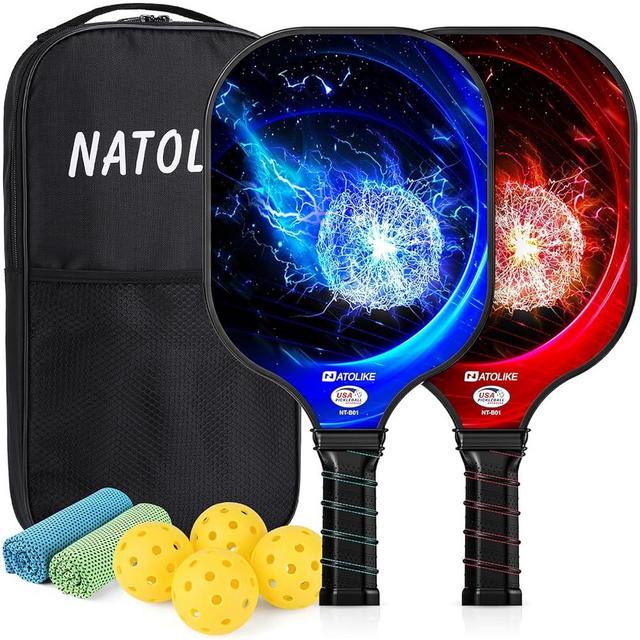 NATOLIKE Pickleball Paddles, USAPA Approved Lightweight Pickleball Paddles Set of 2, Fiberglass Surface with Polypropylene Core Pickleball Set, 2 Pickleball Rackets, 4 Balls, 2 Cooling Towels & Bag