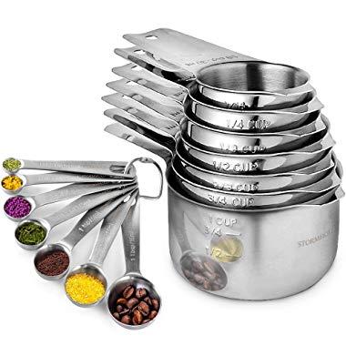Stainless Steel Measuring Cups and Spoons Set of 17 Pieces - 7 Nesting Cups and 7 Stackable Spoons - Durable Professional Portable Kitchen Measuring Kit for Liquid Wet and Dry Ingredients