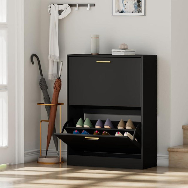 JOZZBY Shoe Cabinet Storage for Entryway, Freestanding Narrow Slim Shoe Organizer Cabinet with 2 Flip Drawers, Wooden Shoe Rack for Hallway, Living Room, Black1