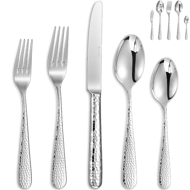 KEAWELL Premium 20/45/65 Piece Louise Hammered Silverware Set with Round Edge, 18/10 Stainless Steel, Service for 4/8/12, Fine Flatware Set, Dishwasher Safe (65)
