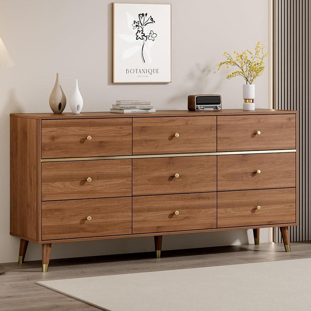 Chrangmay 9 Drawer Dresser,63" Wide Mid Century Modern Chest of Drawers,Wooden Bedroom Drawer Dresser with 9 Storage Drawers for Bedroom, Living Room,with Anti-Tipping Device,Umber