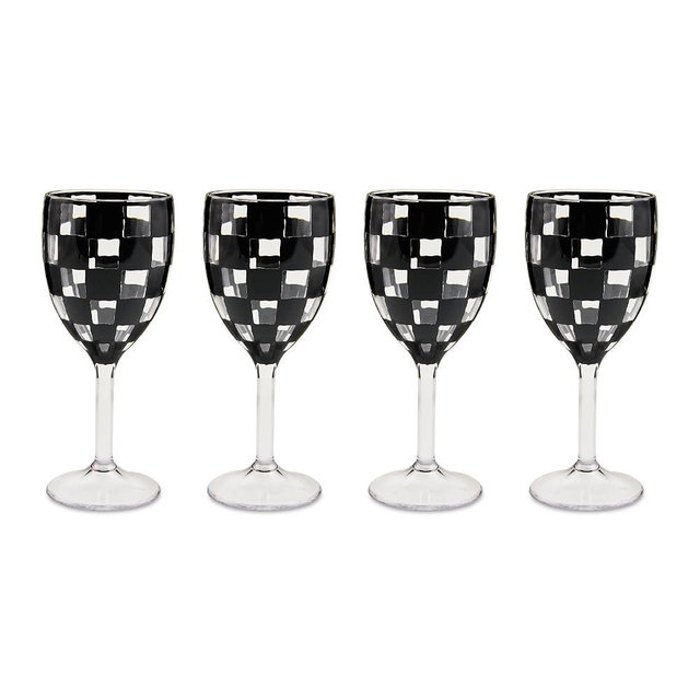 MACKENZIE-CHILDS Set of 4 Acrylic Wine Goblets, Stemmed Drinking Glasses, Decorative Glassware, 12 Ounces, Black Check