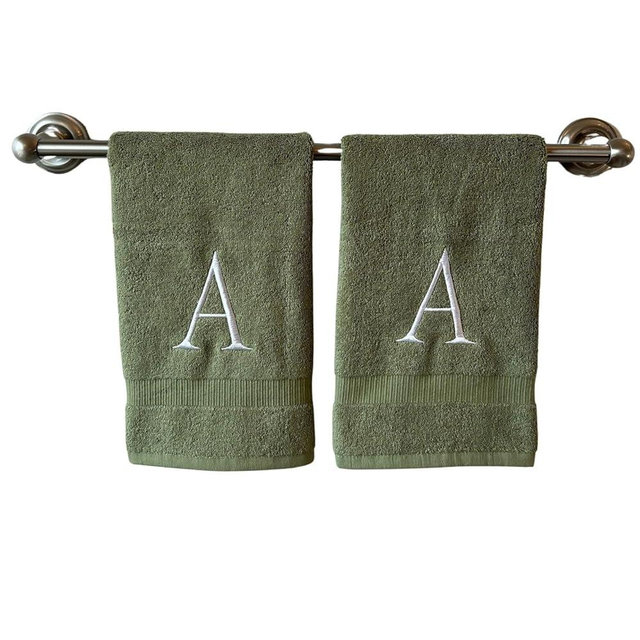 Sage Initial Hand Towel for Bathroom - Monogrammed Luxury Hotel Quality Decorative Embroidered Towel for Powder Room, Spa - GOTS Organic Certified - Set of 2 Letter A