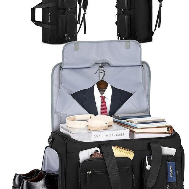RAINSMORE Convertible Garment Bags for Travel, 45L Garment Duffle bag for Hanging Clothes, 3 in 1 Suit Travel Bag for Business Trips with Shoulder Strap, Carry On Suit Luggage for Men Women, Black