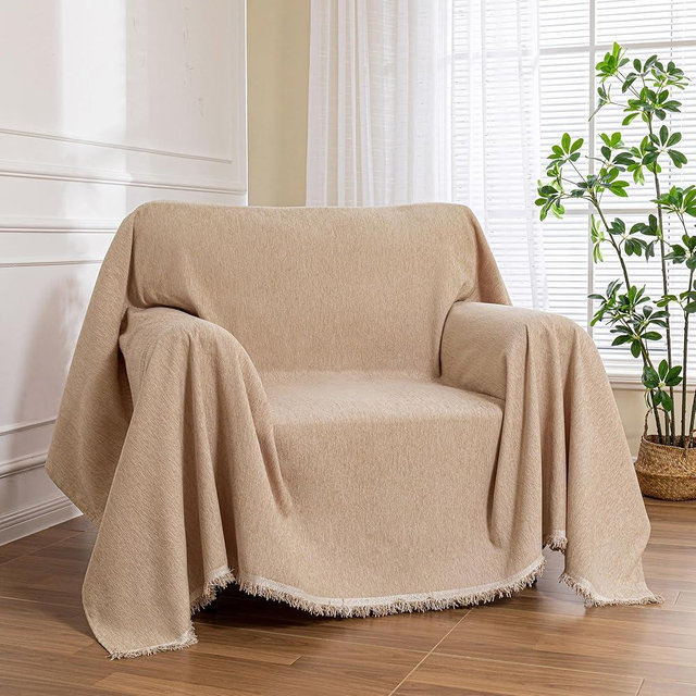 MEETSKY Sofa Covers Armchair Single Couch Cover for Dogs,Throw Couch Cover with Tassel Chair Recliner Futon Cover Washable 1 Cushion Couch Chenille Couch Protector, 71"x 91", Khaki
