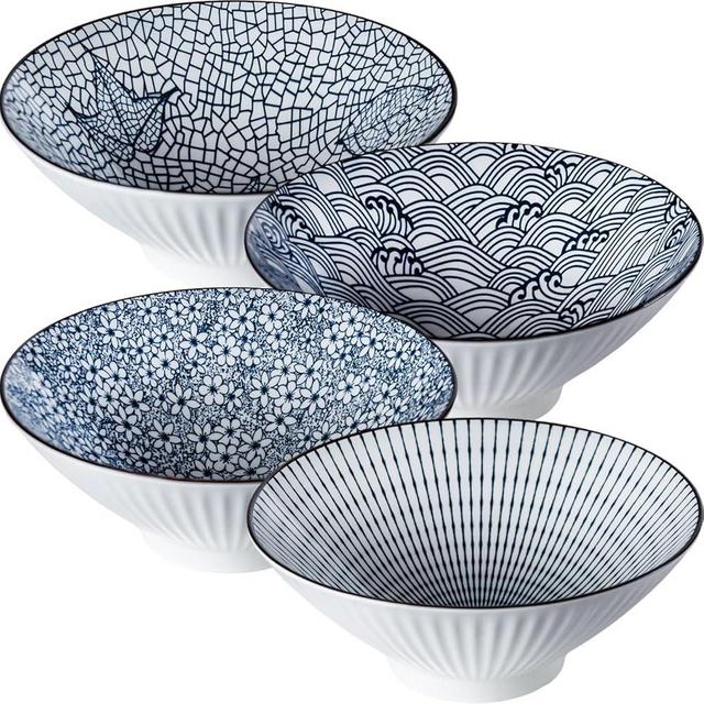 Dyware 38 oz Japanese Ramen Bowls Set of 4, Large Pho Bowls, 8 Inch Ceramic Blue and White Soup Bowls, Mixing Pattern