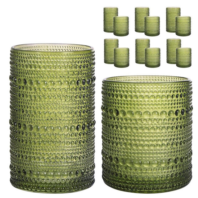 Moretoes Hobnail Drinking Glasses, 12 Piece Green Water Glass Cups, Mixed Vintage Glassware Set, 6pcs 12oz Highballs and 6pcs 10oz old Fashioned Glasses, Great for Cocktail, Whisky and other Beverages