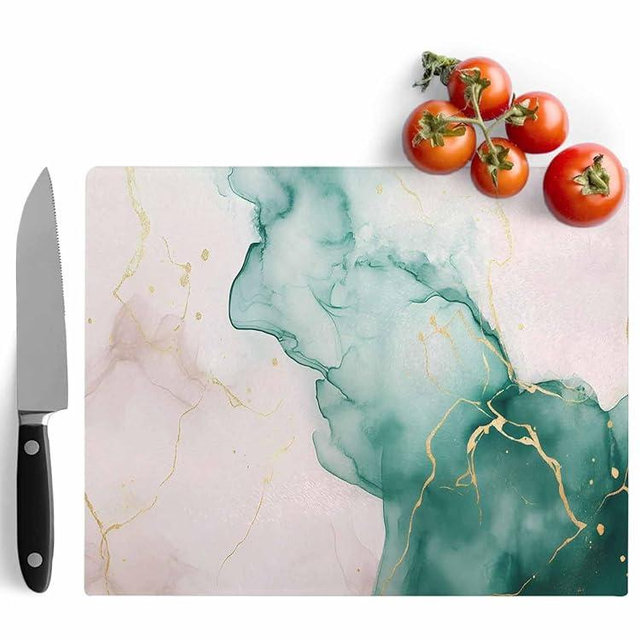 Teal Green Marble Cutting Board for Kitchen Modern Abstract Ripples Dishwasher Safe Tempered Glass Cutting Boards Decorative Chopping Boards with Non Slip Feet for Counter Camping 11.2" x 15.4"
