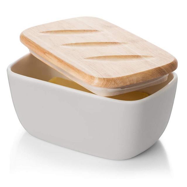 DOWAN Porcelain Butter Dish with Lid, Airtight Butter Container (Large Butter Dish), Bread-shape Butter Dish with Cover