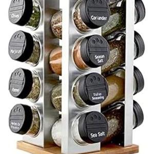 Kamenstein 16 Jar Warner Revolving Countertop Spice Rack Organizer with Lift & Pour Caps and Spices Included, FREE Spice Refills for 5 years, Stainless Steel & Bamboo with Black Caps
