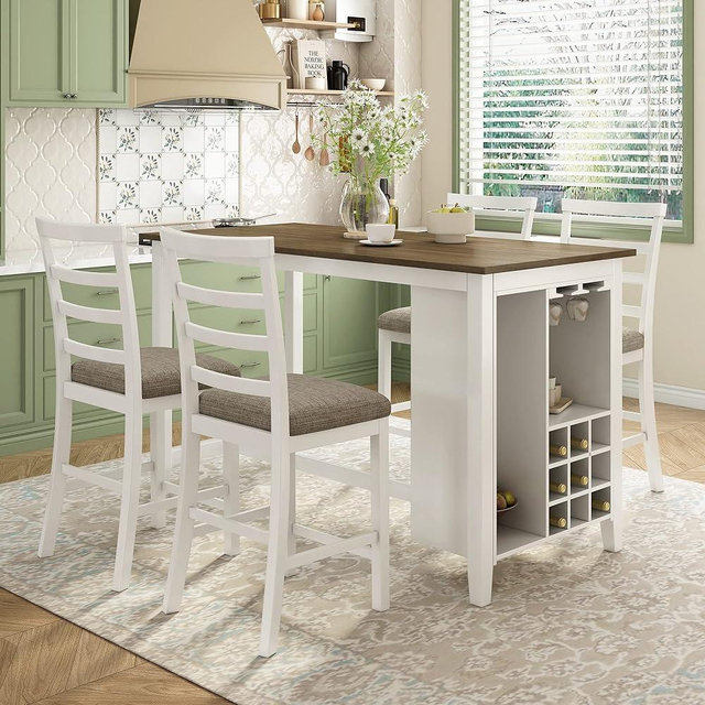 Counter Height Dining Table Set for 4 5 Piece Bar Height Table and Chairs Farmhouse Wood Small Kitchen Table Set with Storage Compartment and Wineglass Holders for Dining Room, Brown+White Wash