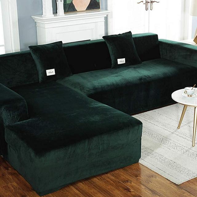Plush L Shape Sofa Cover,Velvet Stretch Sofa Covers for Dogs L Shape Sectional Couch Sofa Slipcover Stain Resistant Couch Protector-Dark Green L-Shape 3+4 Seats