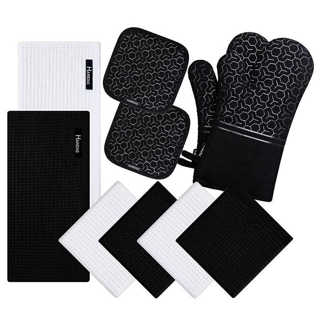 10 Piece Set Silicone Oven Mitts and Pot Holder，with Kitchen Towels and Dish Cloths ，500 Degree Heat Resistant Soft Lining Oven Mitts，Quick Drying Dish Towel，for Kitchen Baking BBQ Grilling (Black）