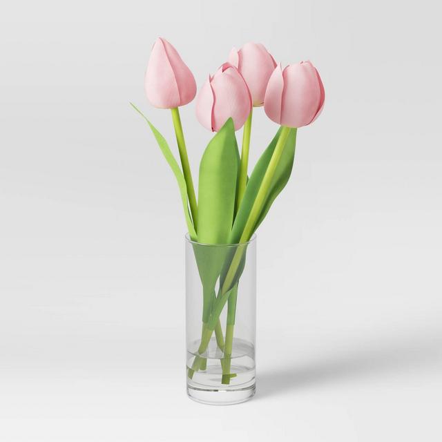 11" x 6" Artificial Tulips Arrangement in Glass Vase Pink - Threshold™