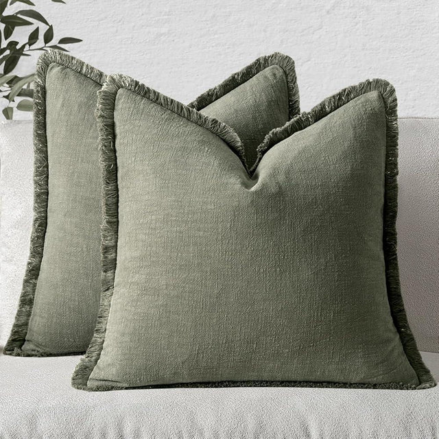 MIULEE Boho Farmhouse Pillow Covers Decorative Neutral Linen Throw Pillow Covers Set of 2 Light Olive Green Cushion Covers with Fringe for Couch Sofa Bed Living Room Spring Home Decor 20x20 Inch