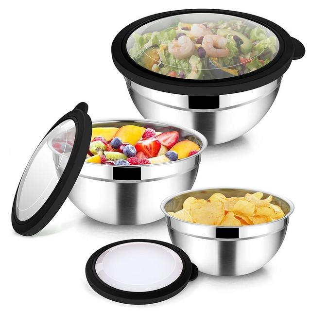 TeamFar Mixing Bowls, 4.5/3/1.5 QT Stainless Steel Nesting Salad Bowls with Airtight Lids, For Serving/Mixing/Storing/Prepping, Non-Toxic & Sturdy, Visible & Easy Clean, Black, Set of 3