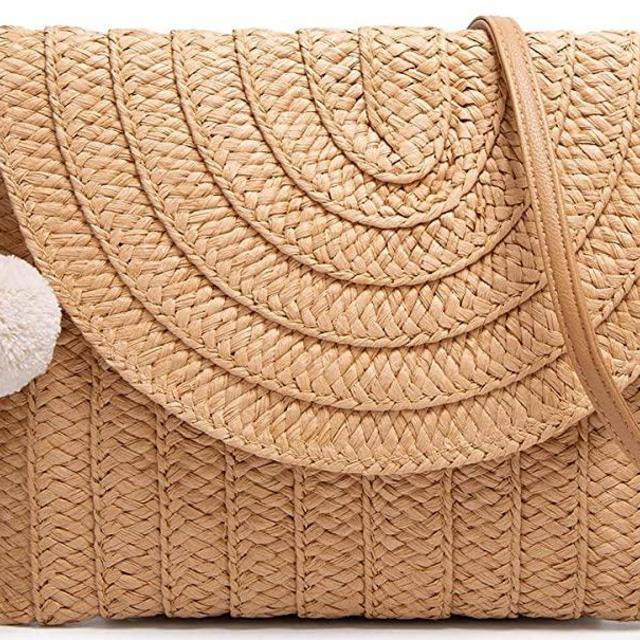Straw Shoulder Bag Straw Clutch Women Hand-woven PomPom Straw Crossbody Bag Summer Beach Envelope Purse Wallet