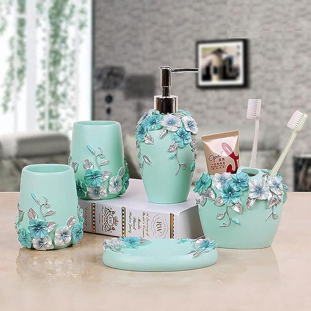 LUANT 5-Piece Bathroom Accessories Gift Set Features Soap Dispenser Pump, Toothbrush Holder, Tumbler & Soap Dish, Durable Bath Set Decorating Ideas (Blue)