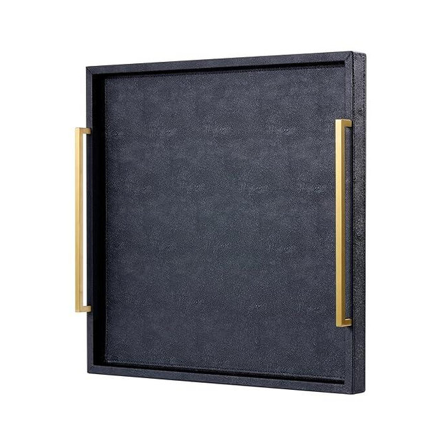 24"x24" Black Shagreen Oversized Ottoman Tray Extra Large Black Shagreen Leather Decorative Tray for Coffee Table,Wooden Serving Tray to Serve Food for Dinner Party (Black-Gold Handle, 24")