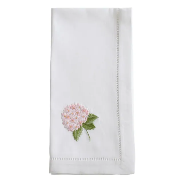 Saro Lifestyle Handmade Pink Hydrangea Embroidery Napkin with Hemstitched Border , 20"x20", White