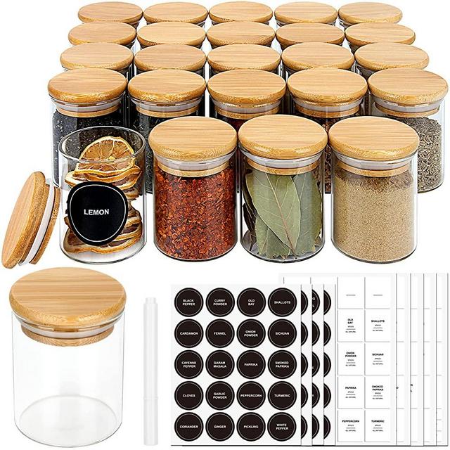 JuneHeart 24 PCS Glass Spice Jars with Bamboo Airtight Lids and 194 Labels, 4oz Clear Food Storage Containers for Kitchen Salt Sugar Coffee Beans- Marker Pen Included