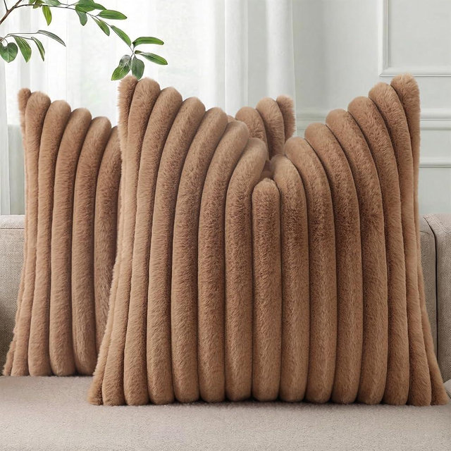 Pallene Faux Fur Plush Throw Pillow Covers 24x24 Set of 2, Luxury Soft Fluffy Striped Decorative Pillow Covers for Sofa, Couch, Living Room, Brown
