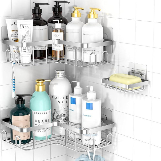Moforoco Corner Shower Caddy Shelf Organizer Rack, Self Adhesive Black Bathroom Shelves Basket, Home Farmhouse Wall Inside Organization and Storage Decor Rv Accessories, Apartment Essentials