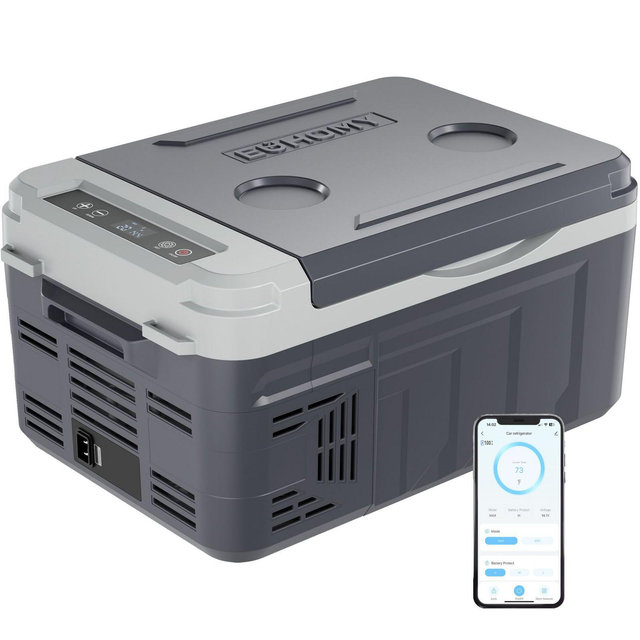 EUHOMY 12V Portable Car Refrigerator, 11 Quart , 22 Cans Small Car Fridge with APP Control, Top Door Freezer for RV, Camping, Travel, Gray