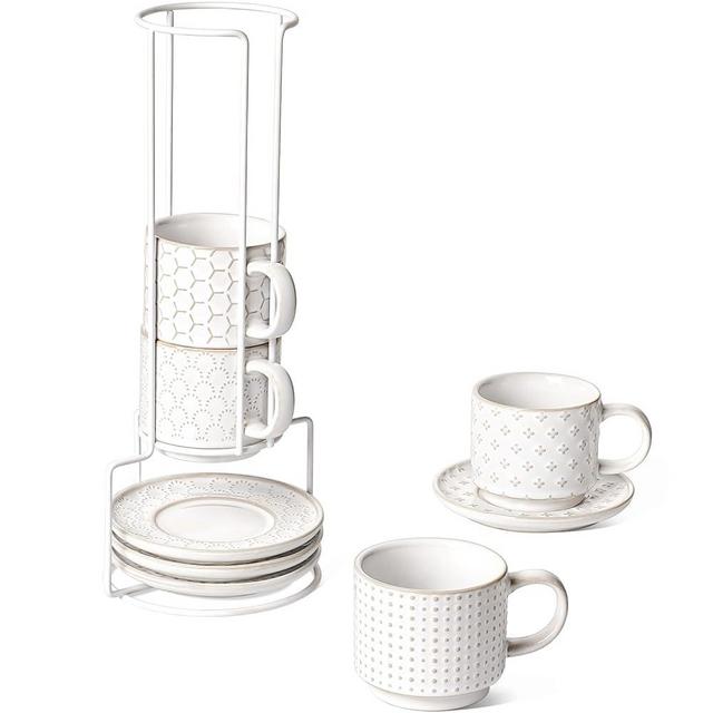 LE TAUCI Stackable Espresso Cups with Saucers and Stand, Ceramic Coffee Mugs for Au Lait, Cappuccino,Latte, Cafe,Mocha,Tea, Suit For Housewarming Wedding- 6 oz, Set of 4, Arctic white