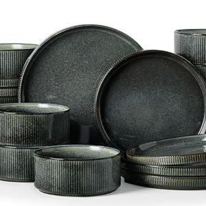 Famiware Star 24-Piece Plates and Bowls Set with Trim, Service for 8 -Deep Forest