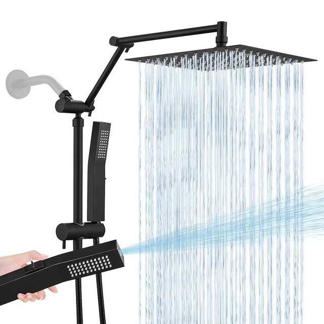 All Metal 10 Inch Rain Shower Head with Handheld Spray Combo, High Pressure Waterfall Rainfall Square Shower Heads with 16" Adjustable Extension Arm, Dual Showerhead with 3-Way Diverter, Matte Black