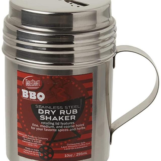 Tablecraft, 10 oz, Silver Stainless Steel Dry Rub Shaker with Handle, 10-Ounce