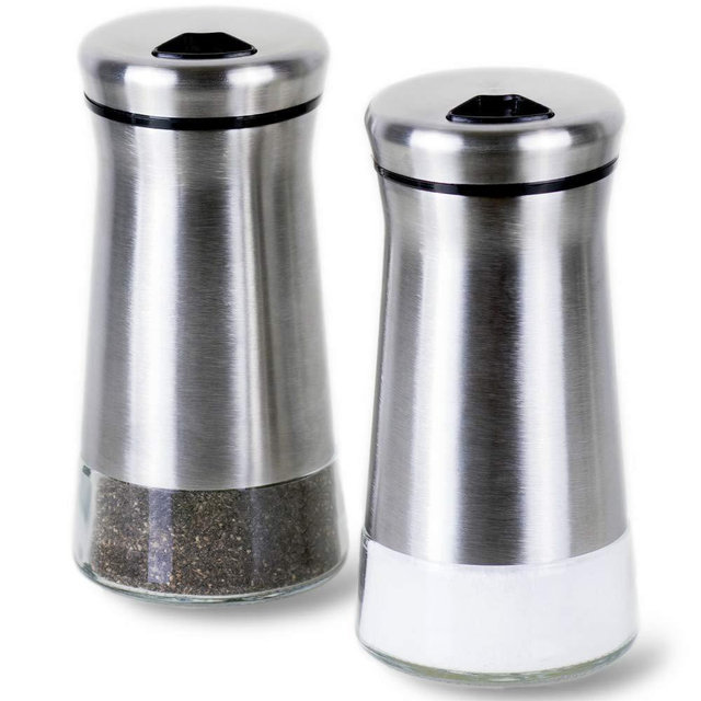 Premium Salt and Pepper Shakers with Adjustable Pour Holes - Elegant Stainless Steel Salt and Pepper Dispenser - Perfect for Himalayan, Kosher and Sea Salts - Spices