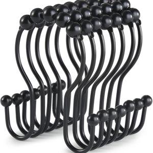 Goowin Shower Curtain Hooks, 12 Pcs Shower Curtain Rings, Stainless Steel Black Shower Curtain Hooks, Shower Curtain Rings Rust Proof, Smooth Sliding Anti-Drop Double Shower Rings for Curtain (Black Modern)
