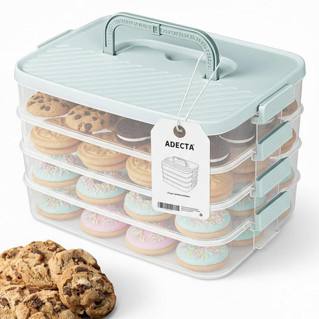 ADECTA Stackable Cookie Storage Containers, 4-Layer with Lids and Handle, Stackable food Storage Containers, Containers for Cookies, BPA-Free Cookie Carrier for Cookies, Desserts, Dumplings & Snacks