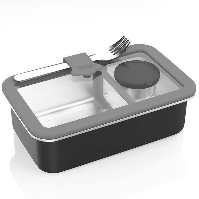 Stainless Steel Bento Box for Adult, 42oz Leak-Proof Lunch Box Containers with Adjustable Divider, Microwave-Safe, Metal Lunchbox with Glass Lid for Work Travel, Black