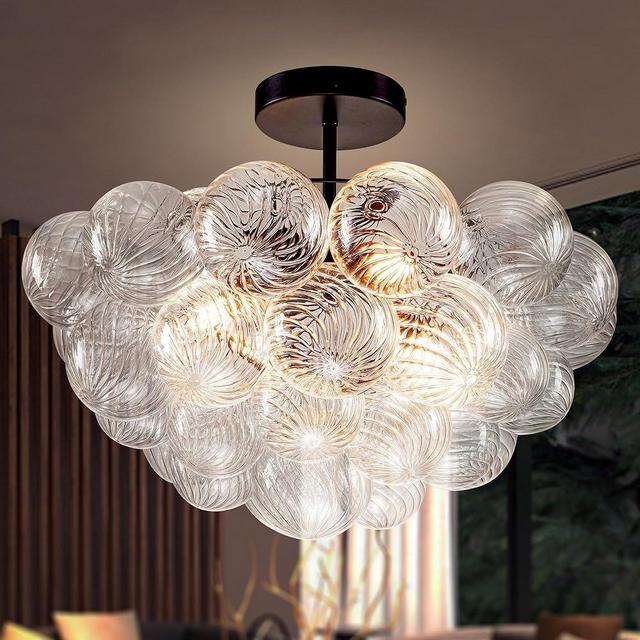 BeyPan Hand Blown Glass Bubble Ball Chandelier Black Finish 20" Semi Flush Mount Ceiling Light Fixture Art Deco Cluster Ribbed Glass Globe Chandeliers Lighting for Dining Room Entry Living Bedroom