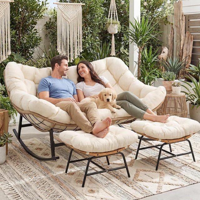 RADIATA Double Egg Rocking Chair with Ottomans, Heavy Duty Papasan Lounger Chairs with Comfy Cushion and Footrest, 2 Person Indoor Outdoor Rocker Loveseat for Patio Balcony Backyard, Beige