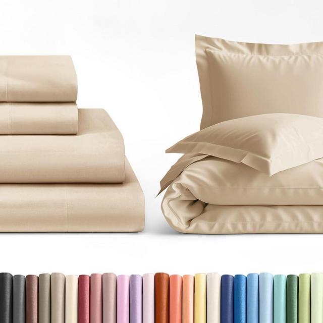 4 Piece Wheat Queen Bed Sheet Set w/ Duvet Cover - 21” Extra Deep Pockets - 1 Flat & 1 Fitted Sheet & 4 Pillowcases - Oeko-TEX - Ultra Soft & Wrinkle Free - Easy-Fit, Hotel Luxury Bedding - Easy-Care