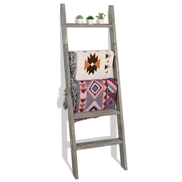 FUIN 5ft (58") Wood Blanket Ladder Living Room Decorative Wall Leaning Farmhouse Quilt Display Holder Shelf Rustic Wooden Towel Rack for Bathroom, Grey