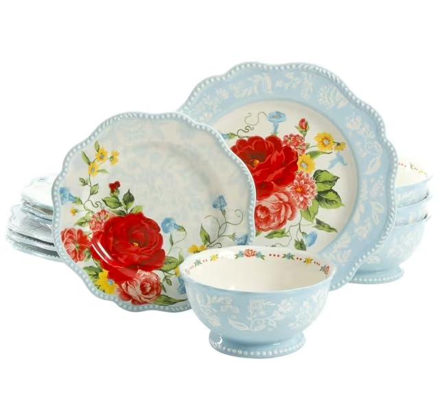 Pioneer Woman Sweet Rose 12-Piece Dinnerware Set (Blue)