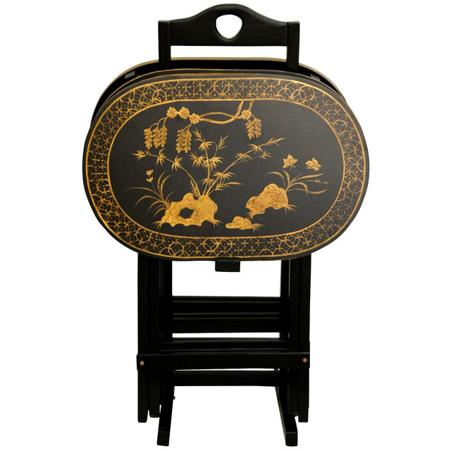 Rosewood TV Tray Set Antique Gold - Oriental Furniture: Hand Painted, Black Lacquer, No Assembly Required