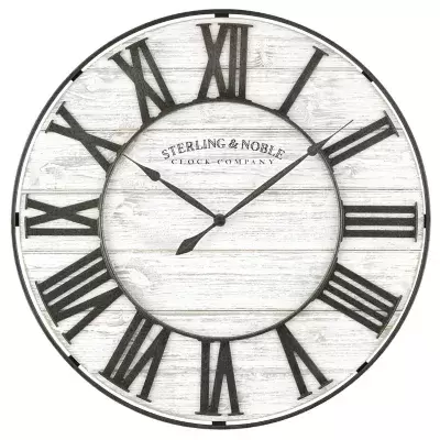 Sterling & Noble® 18-Inch Round Rustic Wood and Metal Roman Grill Wall Clock in White