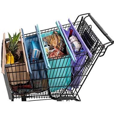 Lotus Trolley Bags -set of 4 -w/LRG COOLER Bag & Egg/Wine holder! Reusable Grocery Cart Bags sized for USA. Eco-friendly 4-Bag Grocery Tote. (Purple, Turquoise, Blue, Brown,)