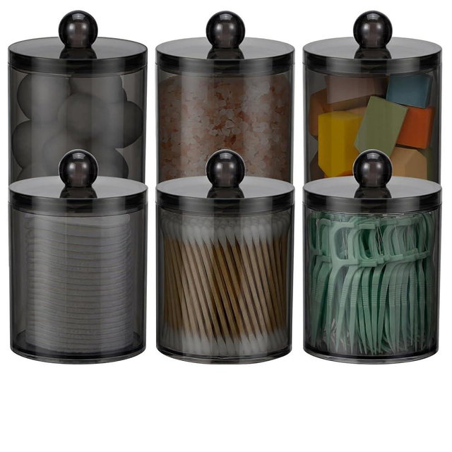 6 Pack Acrylic Qtip Holder Dispenser for Cotton Swabs, Balls, Pads, Floss Picks- Clear Plastic Canister Apothecary Jar Set, Bathroom Essentials Accessories Decor Vanity Makeup Storage Organizer -Black