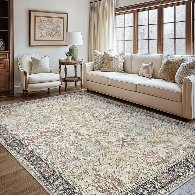 Bavni 8x10 Area Rugs for Living Room, Machine Washable Rug Lightweight Low Pile, Chenille Non Slip Rug Boho Print Decorative Carpet for Bedroom Dinning Room, Ivory/Teal