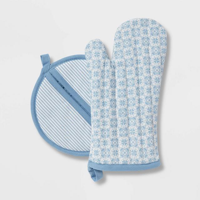 2pc Cotton Stamp Oven Mitt and Pot Holder Set Blue - Threshold™