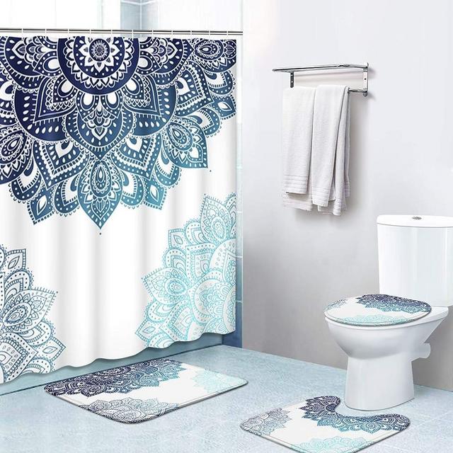 Britimes 4 Piece Shower Curtain Sets, with 12 Hooks, Retro Mandala with Non-Slip Rugs, Toilet Lid Cover and Bath Mat, Durable and Waterproof, for Bathroom Decor Set, 72" x 72"